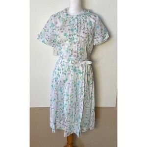 NOS Claire Tiffany Dress Sz 14 Floral Cottage Core Sheer Belted Vtg Chest 44"